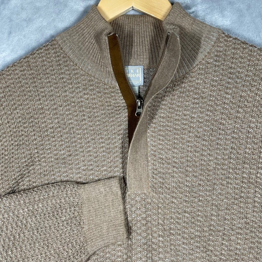Ike Behar Mens Taupe Baby Alpaca Pima Cotton Textured Quarter Zip Sweater Large